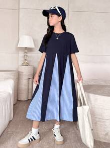 SHEIN فستان صيفي قصير الأكمام مخطط ومتعدد الألوان لفتيات المراهقة بياقة مستديرة - أبيض - مشاهدة 9