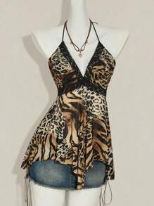 SHEIN ICON Áo ba lỗ lưới chắp vá họa tiết động vật bất đối xứng hở lưng cho nữ - Nhiều màu - Xem 3