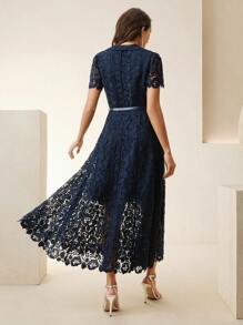 Anewsta 女式V领束腰优雅修身水溶蕾丝中长连衣裙