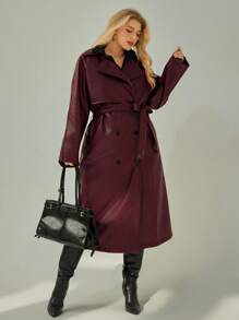 SHEIN Essnce 大码女式长款皮衣，时尚新款大衣，防风皮衣，新年假期派对