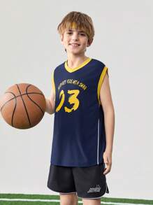 JNSQ Tween Boy Back To School Outdoor Sports Vest, Children's Crew Neck Colorblock Funny Letter Print Outdoor Sports Tank Top