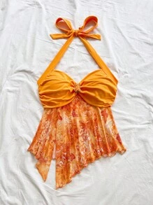 Soleia Áo yếm hở lưng in họa tiết chắp vá mùa hè dành cho nữ, áo yếm màu cam họa tiết Paisley màu hoàng hôn, màu cam Tequila bình minh - trái cam - Xem 3