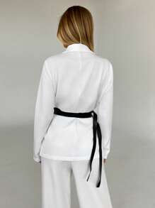 Aloruh Cárdigan de manga larga con cuello en V profundo, ajuste holgado, unicolor con cinturón de cintura, para mujer, apto para uso casual y de oficina, elegante, blanco, para trabajo, oficina, vuelta al colegio, profesora