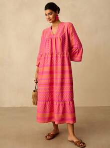 Travachic 大码女装橙色和洋红色热带印花 V 领 3/4 袖拼接连衣裙，休闲假日粉色和橙色连衣裙几何印花连衣裙分层连衣裙紫红色连衣裙女装 - 彩色 - 查看 4