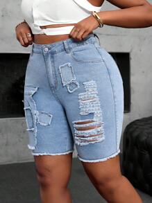 SHEIN SXY Plus Size Women Cowgirl Style Frayed Sexy Denim Shorts, Vacation Autumn Festival Biker Shorts Elegant - Blue - View 6