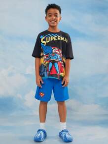SUPERMAN X SHEIN 青少年男孩卡通超级英雄黑色宽松短袖 T 恤和蓝色休闲短裤套装 - 黑色 - 查看 7