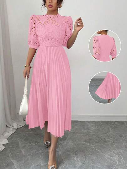 Rafferiza Elegant Luxury Solid Color Hollow Embroidery Patchwork Pleated Dress
