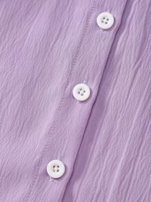 SHEIN 女孩休闲荷叶边领泡泡袖短袖圆领百搭可爱白色开衫衬衫 - 紫色 - 查看 8