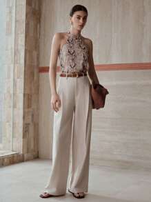 MOTF PREMIUM Pantalones anchos de pierna ancha con bolsillos sesgados plisados sólidos - Beis - Ver 1