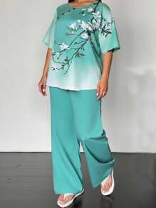 2pcs/Set Women Plus Size Ombre Floral Print Round Neck Short Sleeve Top And Wide Leg Pants