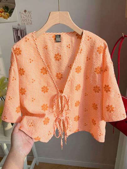 Comfortcana Orange Plaid Floral Embroidered Woven Women's Shirt