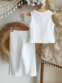 SHEIN Vintaside Kids 两件套女婴休闲时尚纹理面料蝴蝶结无袖上衣和裤子套装，适合春夏季日常穿着