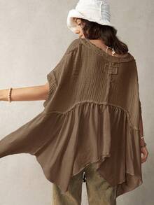 Bohemela 大码女式拼接蝙蝠袖休闲度假上衣 - 棕色 - 查看 2