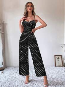 VaVaBold Polka Dot Print Tie-Knot Front Jumpsuit, Casual And Fashionable For Summer