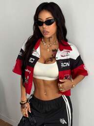Coolane Women's & Men's Summer Going Out Ricing Streetwear Y2K Graphics Button Down Crop Shirts