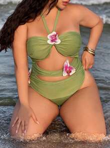 Slaysola 大码女式纯色露背荷叶边连体泳衣 - 綠色 - 查看 5