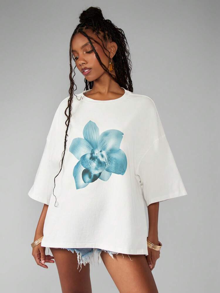 MISSGUIDED Maglietta estiva oversize con stampa grafica floreale, adatta per vacanze al mare, festival, design con orchidea, casual, streetwear