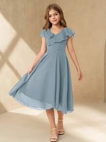 SHEIN 青少年女孩优雅简约时尚 V 领荷叶边无袖高腰中长款纯色雪纺面料蓝色连衣裙，夏季女孩毕业/婚礼花童礼服 - 淺藍色 - 查看 6