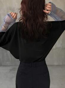 FRIFUL Women's Loose Fit Crew Neck Long Sleeve Contrast Color T-Shirt, Casual For Autumn - Black - View 4