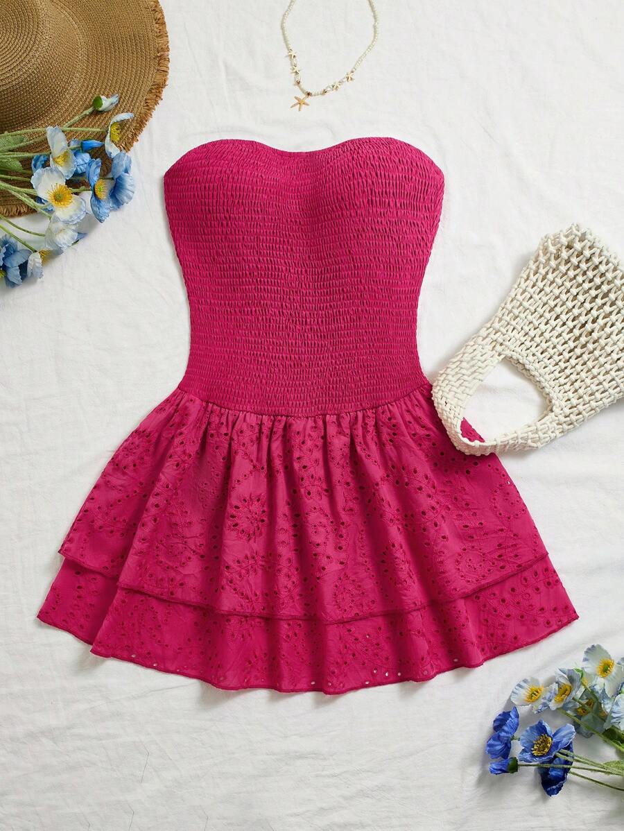 SHEIN Unity Navy Blue Vacation Style Ruched Sleeveless Halter Sexy Cinched Waist Hollow Embroidery Ruched Hem Elegant Dress - Hot Pink - View 1