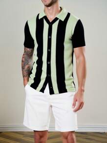 Manfinity Homme Men Men Striped Pattern Knit Polo Top, Knitted Men Shirt, Men Crochet Shirts, Men Retro Shirt, Men Jersey Shirt, Men Shirts Short Sleeve Color Green - Multicolor - View 4