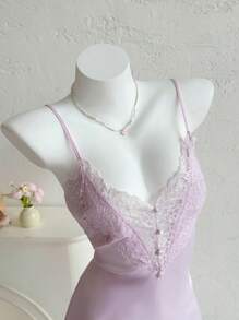 Sweetina 2025年新款浪漫蕾丝低胸性感缎面撞色蕾丝女士家居服 - 粉色 - 查看 4