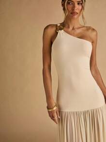 SHEIN BAE Đầm dài thanh lịch màu mơ cổ bất đối xứng khóa kim loại trang trí bó sát viền trong suốt, đầm đi nghỉ, đầm sinh nhật, đầm mùa hè cho nữ, đầm dự tiệc cưới cho nữ, trang phục đi biển cho nữ - Màu be - Xem 7