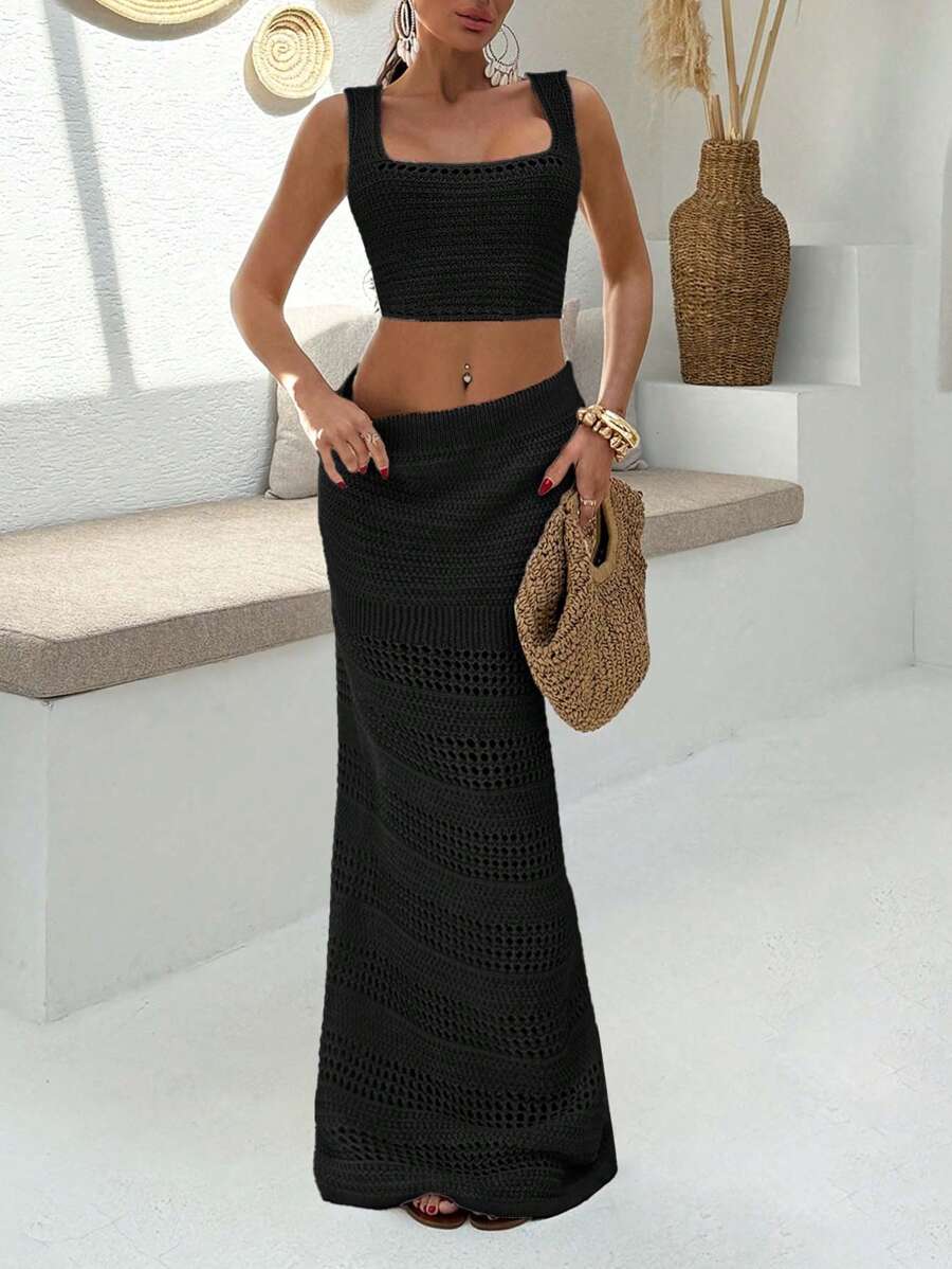 SHEIN Tall Hollow Out Cover Up Co-Ords Set For Summer Vacation - Black - View 1