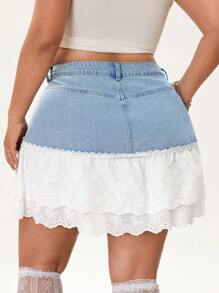 Rina Fox Minifalda vaquera azul clara de talla grande con adorno de encaje elegante y casual para mujer
