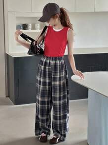 Dazy Kids 少女宽松直筒格子裤，秋季 - 藏蓝色 - 查看 2