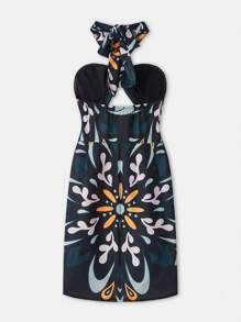 Maija Robe moulante mini à col ras-du-cou dos nu imprimée bleu et noir, taille fine, d'été, convenant pour les vacances, les festivals, la plage, amincissante - Multicolore - Voir 9