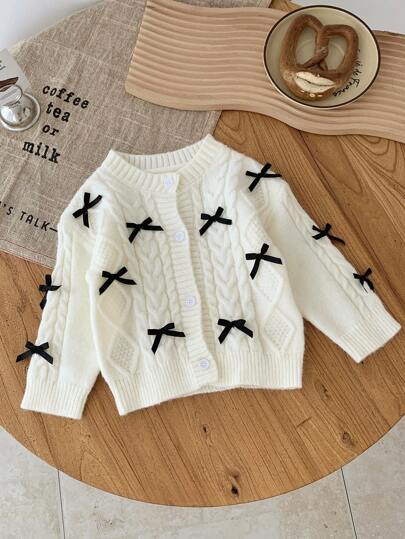 SHEIN 可爱女婴图案V领开衫，百搭休闲，杏色