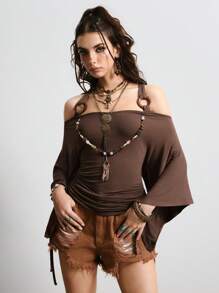 ROMWE Hippie Camiseta de mujer con volantes en los hombros, mangas acampanadas y unicolor de moda - Café integral - Ver 1