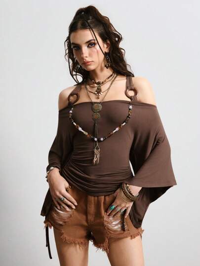 Hippie Maglietta di moda da donna con maniche a sbuffo e volant sulle spalle, monocolore