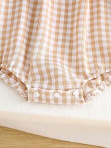 SHEIN 男婴棕色格子短袖连体衣，夏季优雅绅士风，复古婴儿格纹连体衣 - 彩色 - 查看 7