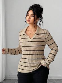 Elenzga 女士加大码罗纹针织卡其色条纹长袖毛衣，配有时尚领口。休闲舒适，日常百搭。针织套头衫，适合秋冬季节穿着。 - 卡其色 - 查看 3