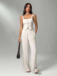 SHEIN Tall Set de 2 piezas de mujer elegante para una cita: Top de tirantes con cuello cuadrado y botones y pantalones anchos de pierna ancha