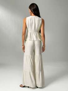 SHEIN Tall Women's Casual Apricot Two-Piece Set Sleeveless Round Neck Textured Top And Long Tiered Skirt Co-Ord - Apricot - View 2