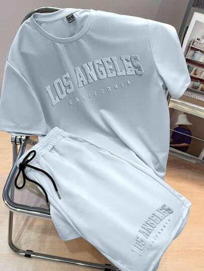 Manfinity Joysei 浅蓝色男士字母图案印花针织T恤，适合夏季