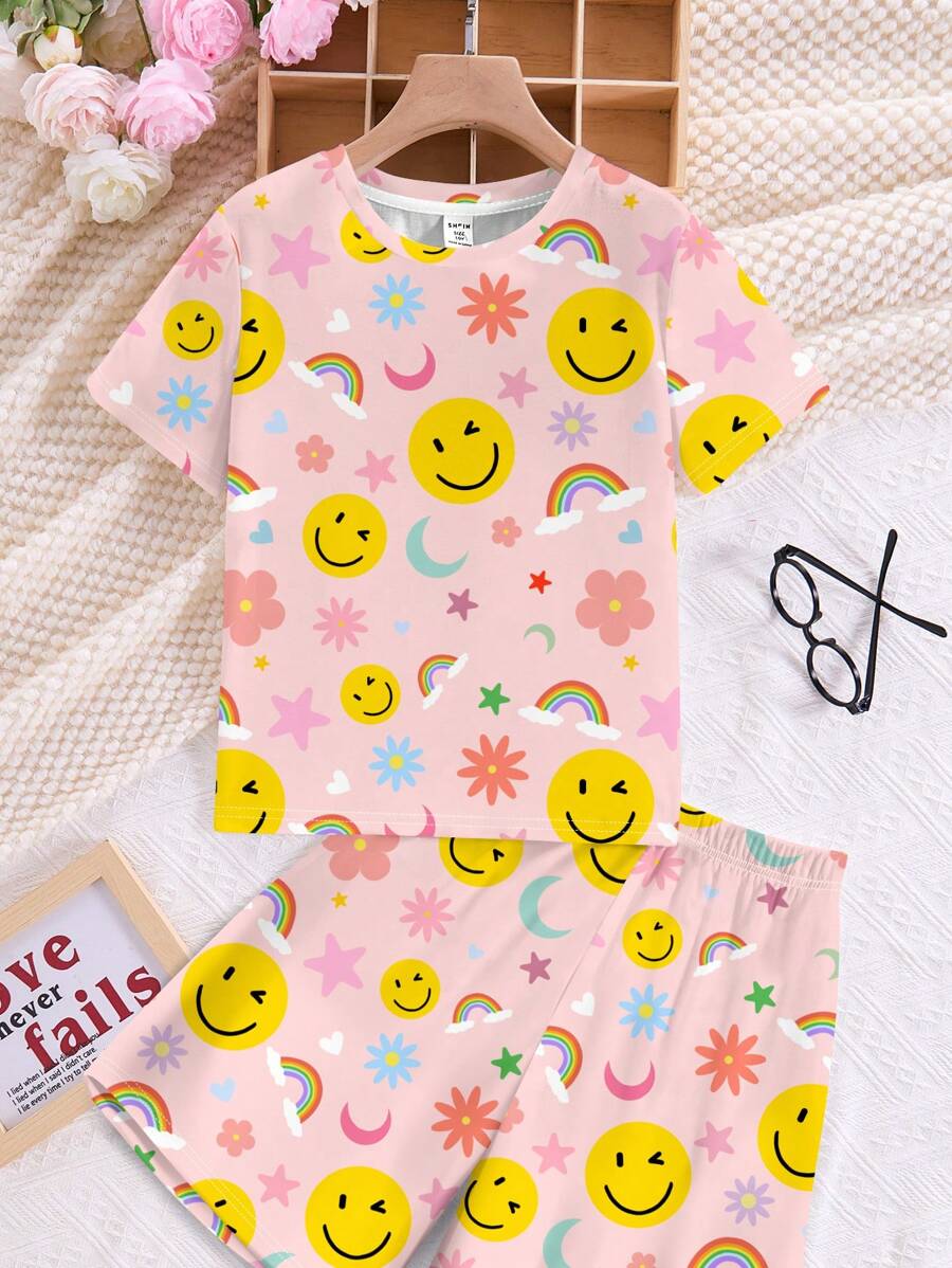 SHEIN Leap Crew Tween Girl Smile Face Printed Casual Sleepwear Short Sleeve Top And Shorts Set, Snug Fit - Multicolor - View 1