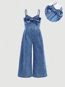 SHEIN 少女蝴蝶结牛仔连体裤 - 中等水洗藍 - 查看 5