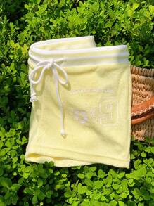 SHEIN EZwear 女士休闲抽绳腰黄色花卉字母印花超短裤，夏季 - 黃色 - 查看 6