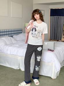 两件套青少年女孩灰色格子短裤和卡通狗印花短袖休闲舒适睡衣，夏季 - 灰色 - 查看 9