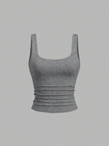 Sweetra Tank Top Wanita Kasual Model Crop dengan Leher Persegi dan Lipit, Musim Panas - MultiWarna - View 5