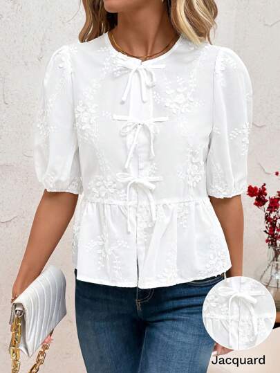 SHEIN Clasi Women Front Tie Ruffle Sleeve Cute Embroidered Elegant Blouse For Holiday, Valentine's Day Babydoll Top  Summer Outfits Jacquard Breathable Country Casual Outfit For Women   Spring Outfit Women  Summer Outfits  Versatile Casual Shirt, Loose And Elegant Women's Top  Bow Tie Blouse With Puff Sleeves - Cute And Versatile Women's Blouse
Embroidered White Shirt