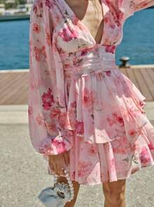 Enchnt Vestido de verano elegante y romántico con estampado floral rosa en todo el vestido, manga farol para mujer. Apropiado para vacaciones, dulce y elegante para vacaciones, citas, fiestas, graduación, invitada de boda y playa. Vestidos de verano para mujer, ropa de verano, vestidos elegantes para mujer, vestidos elegantes para fiestas, ropa bohemia