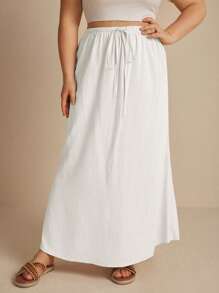 SHEIN PETITE CURVE 大码女式纯色简约抽绳半身裙 - 白色 - 查看 4