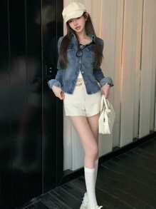 DAZY 水洗蓝色领口弹力修身长袖牛仔衬衫，春秋装，牛仔夹克，秋季女装 - 中等水洗藍 - 查看 6