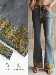 MOTF PREMIUM RAW HEM EMBROIDERY FLARE LEG JEANS - Grey - View 2