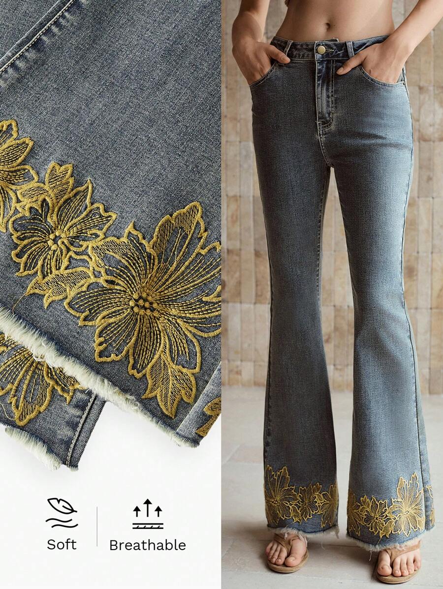 MOTF PREMIUM RAW HEM EMBROIDERY FLARE LEG JEANS